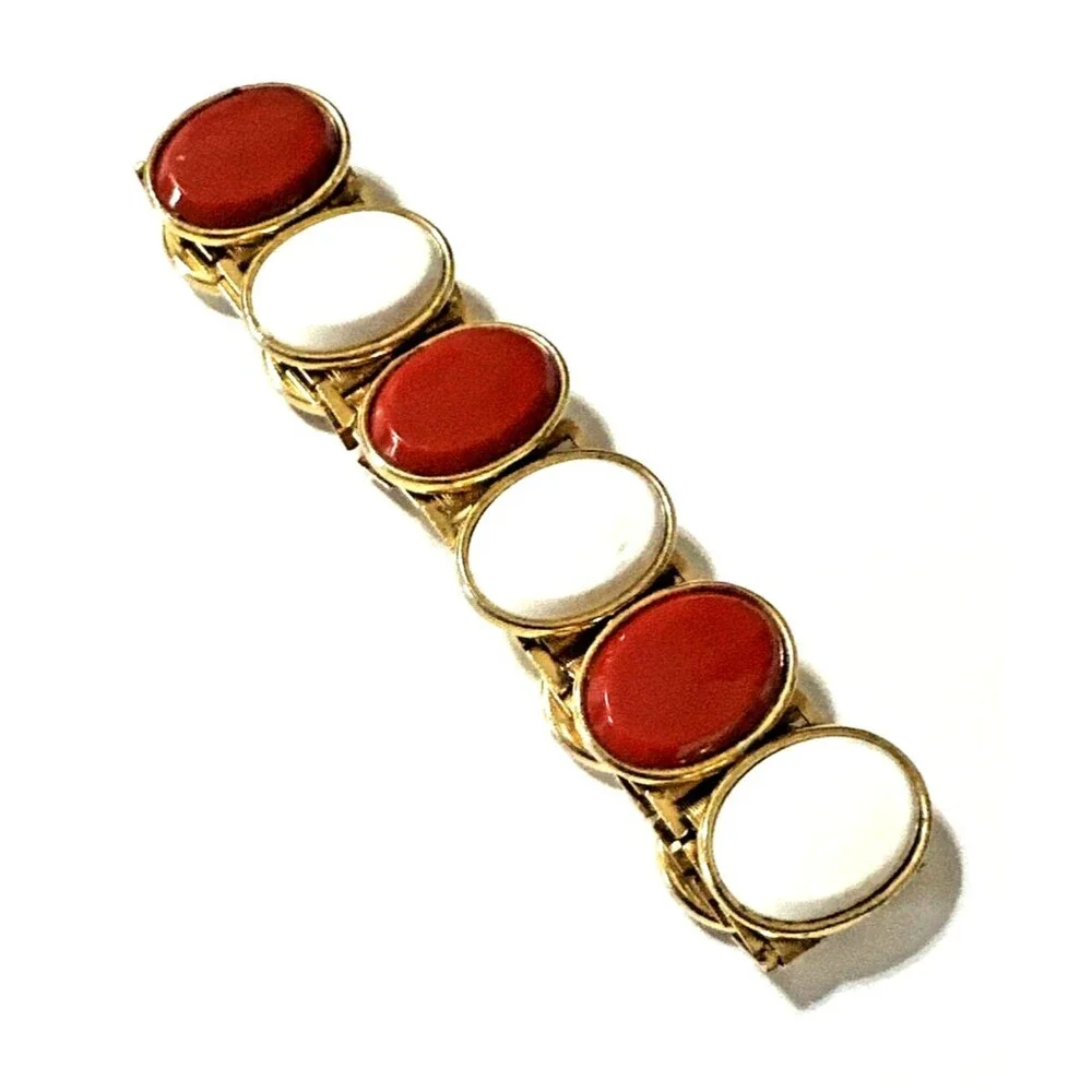 Vintage Red White Oval Link Bracelet Gold Tone Statement 7